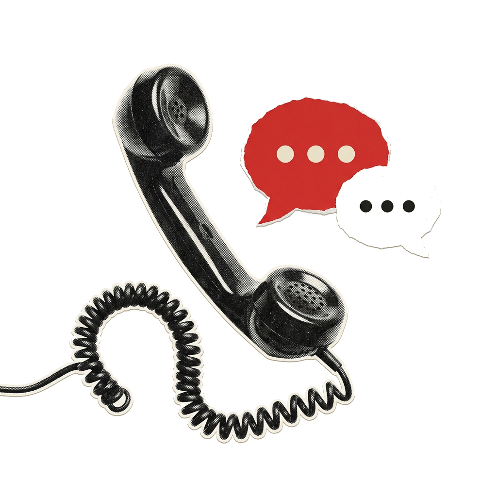 A vintage telephone handset with a coiled cord next to two speech bubbles