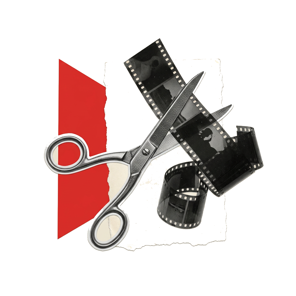 Vintage scissors cutting through a strip of film negative beside a red play-button triangle