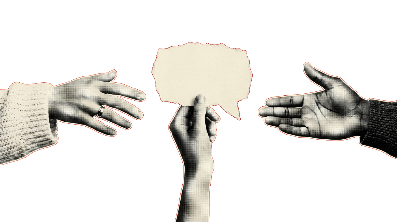Three hands reaching toward each other, the middle one holding up a blank paper speech bubble