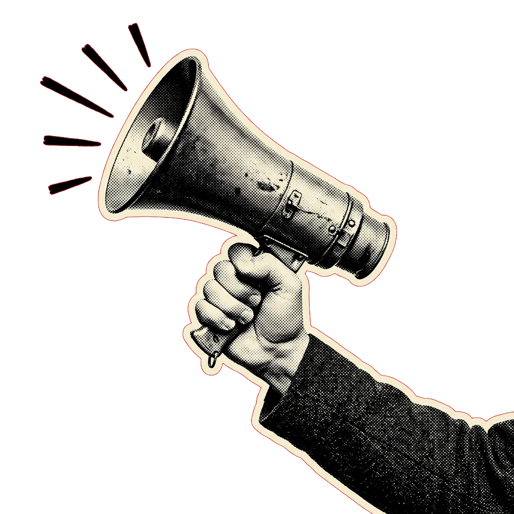 A fist raising a vintage megaphone
