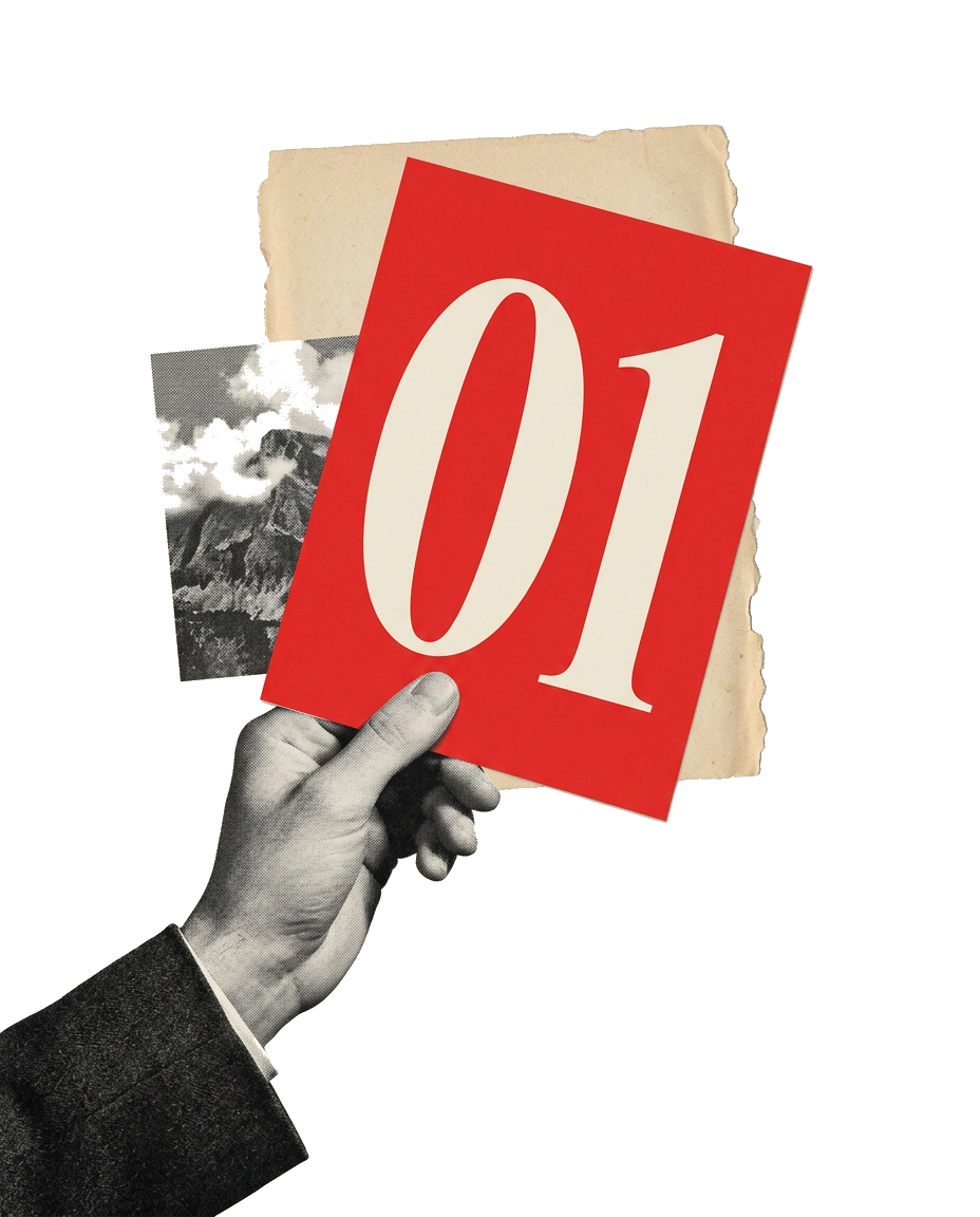 A hand holding up a red card printed with the number 01 in front of torn paper and a mountain photograph