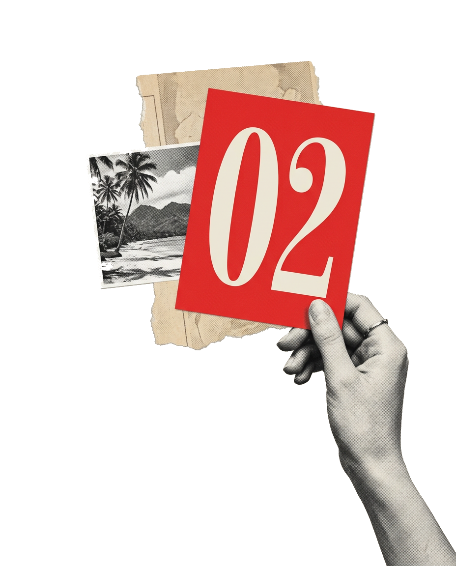 A hand holding up a red card printed with the number 02 in front of torn paper and a palm beach photograph