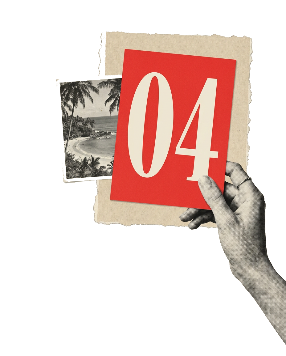 A hand holding up a red card printed with the number 04 in front of torn paper and a tropical beach photograph