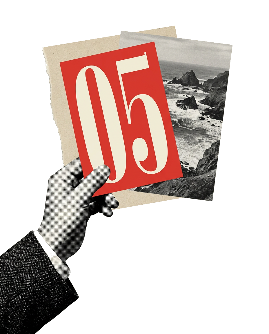 A hand holding up a red card printed with the number 05 in front of torn paper and a rocky coastline photograph