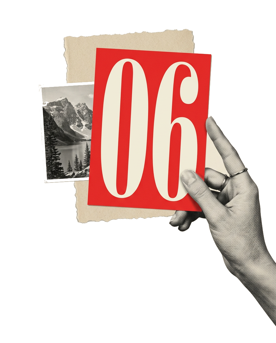 A hand holding up a red card printed with the number 06 in front of torn paper and a mountain lake photograph