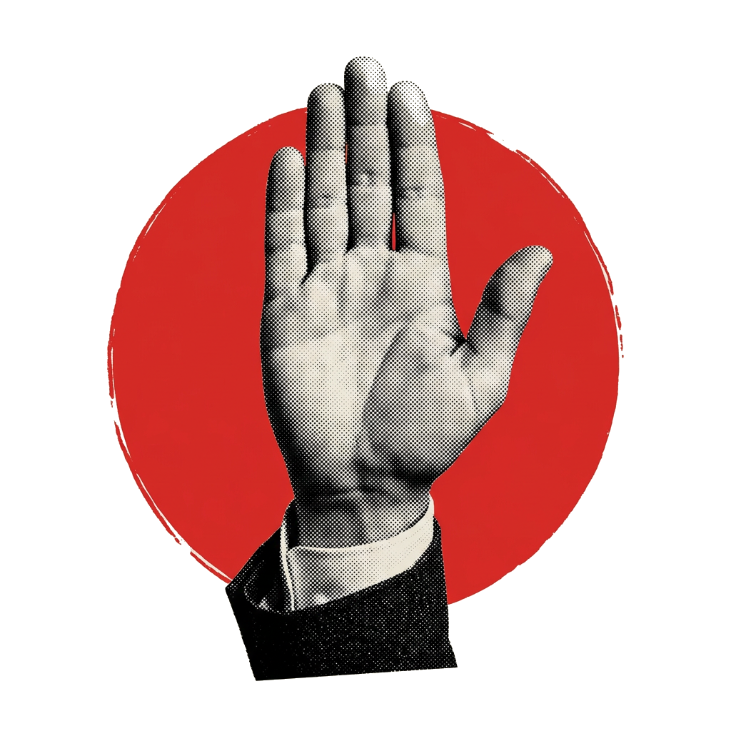A hand in a suit sleeve raised palm-out in a stop gesture in front of a red circle