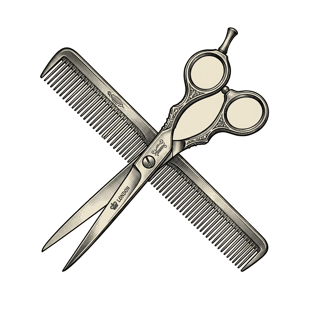 Engraving of crossed scissors and a comb