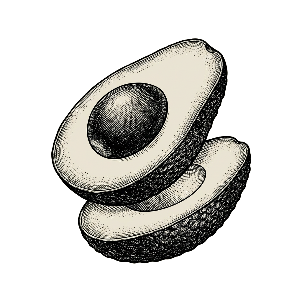 Engraving of a halved avocado