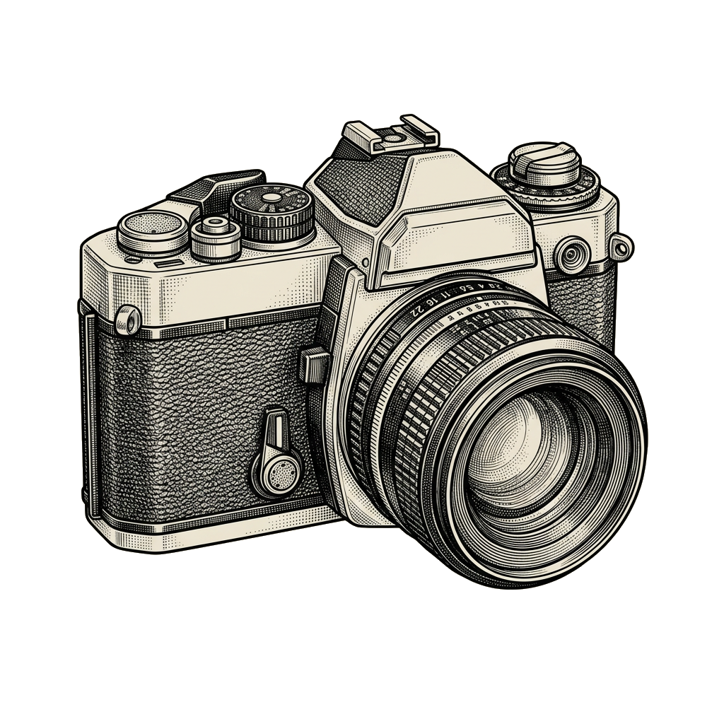 Engraving of a vintage film camera