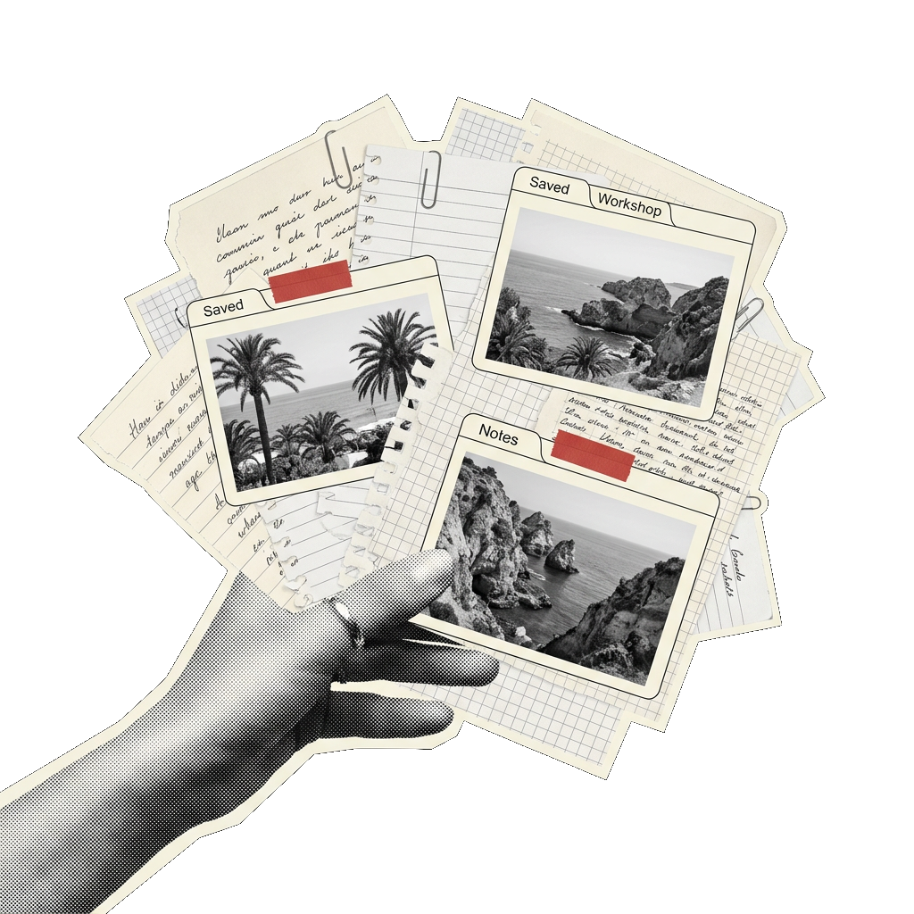A hand holding an overflowing pile of torn notes, handwritten pages, and saved post cards labeled Saved, Workshop, and Notes
